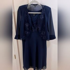 Alex Evenings Navy Long Sleeve Dress with Embroidered Jacket